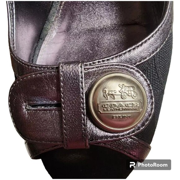 COACH Black Wedges Size 8B Designer Peep Toe Leather Trim - Picture 7 of 8